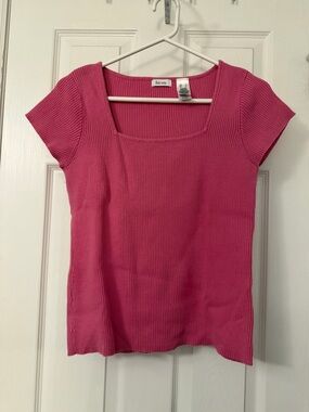 liz & co. Ribbed Square Neck Short Sleeve Top in Bright Pink